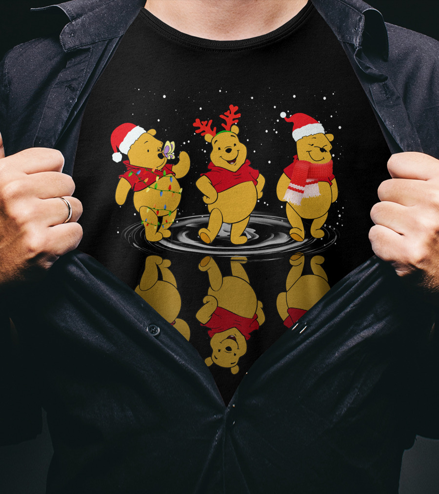 Winnie The Pooh Christmas Reflections In Holiday Hats And Scarves With Snowflakes T-Shirt