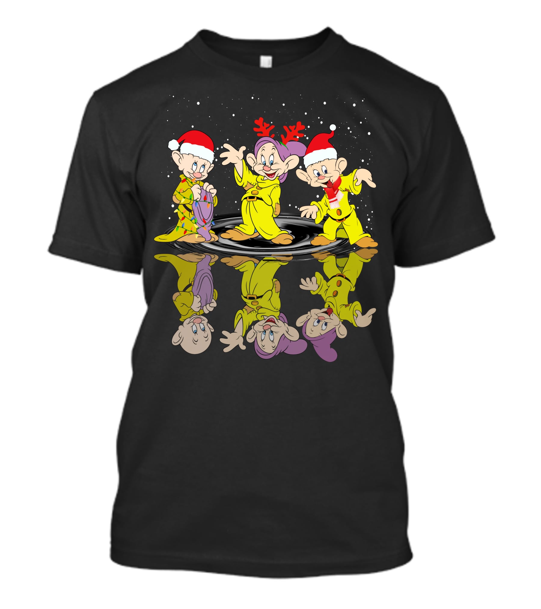 Dopey Christmas Reflections With Santa Hats And Reindeer Antlers T-Shirt
