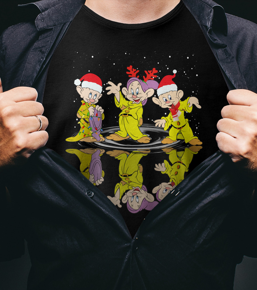 Dopey Christmas Reflections With Santa Hats And Reindeer Antlers T-Shirt