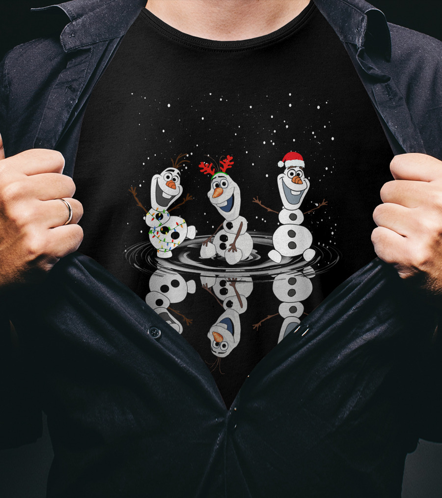 Olaf Christmas Reflections With Holiday Lights And Santa Hat T-Shirt