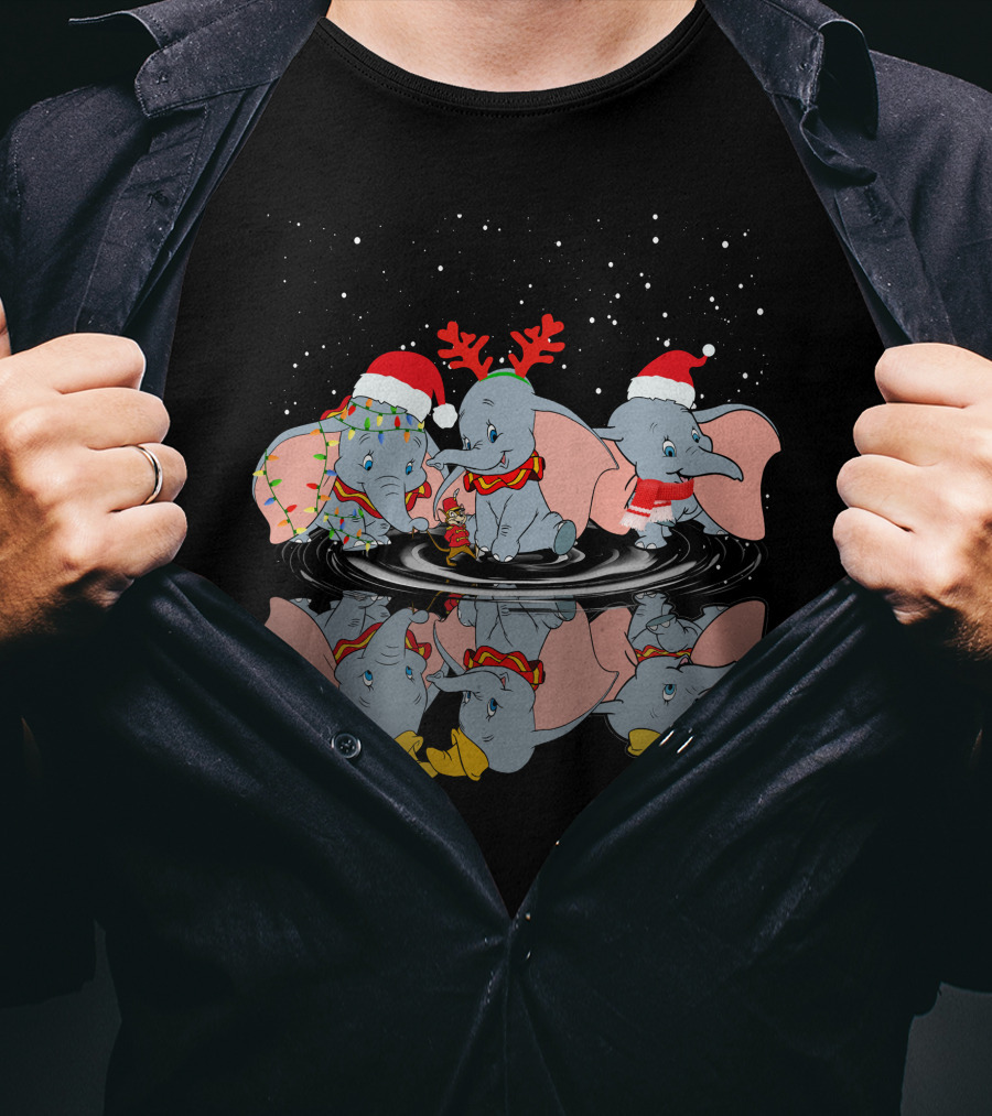 Dumbo Christmas Reflection With Santa Hat Reindeer Antlers And Holiday Lights T-Shirt