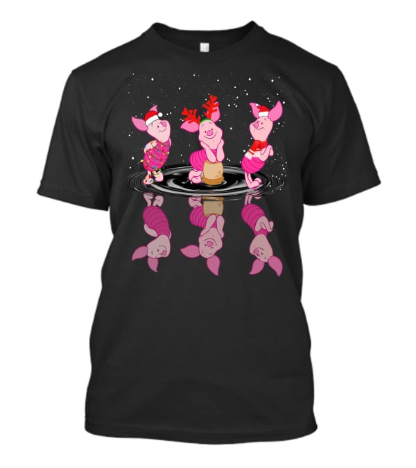 Piglet Christmas Festive Reflections With Santa Hats And Reindeer Antlers T-Shirt