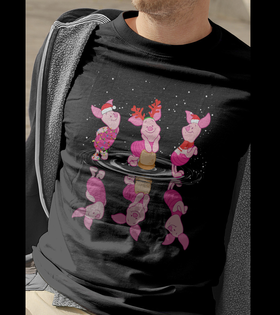 Piglet Christmas Festive Reflections With Santa Hats And Reindeer Antlers T-Shirt