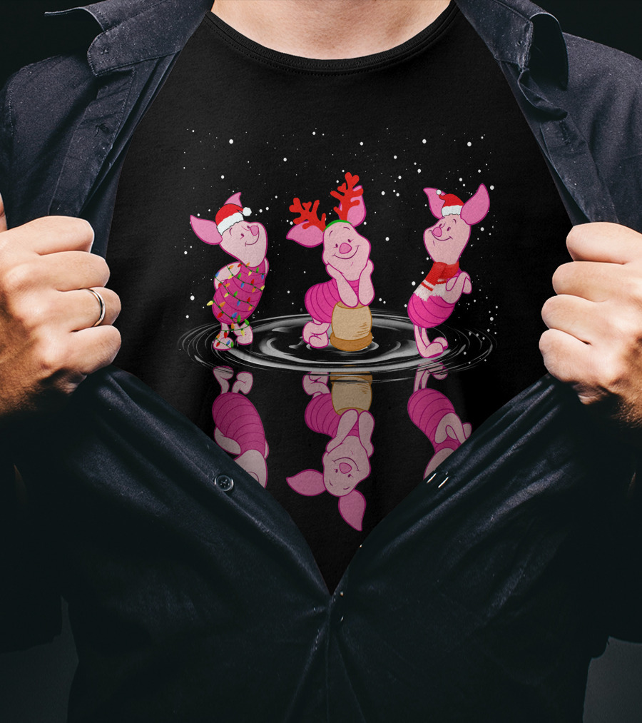 Piglet Christmas Festive Reflections With Santa Hats And Reindeer Antlers T-Shirt