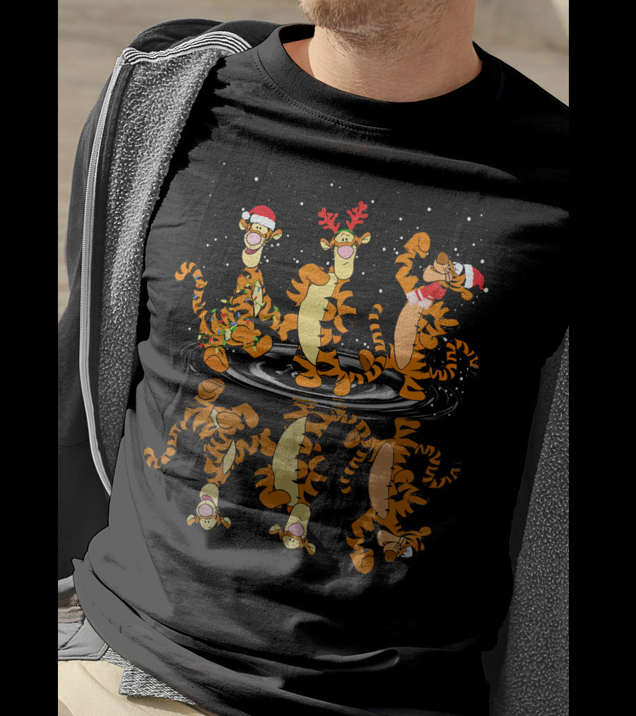 Tigger Christmas Santa And Reindeer Antlers Reflection T-Shirt