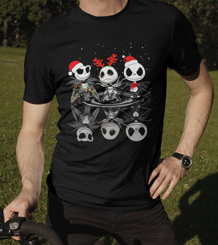 Jack Skellington Christmas Trio Santa Hats And Antlers Snow Scene T-Shirt