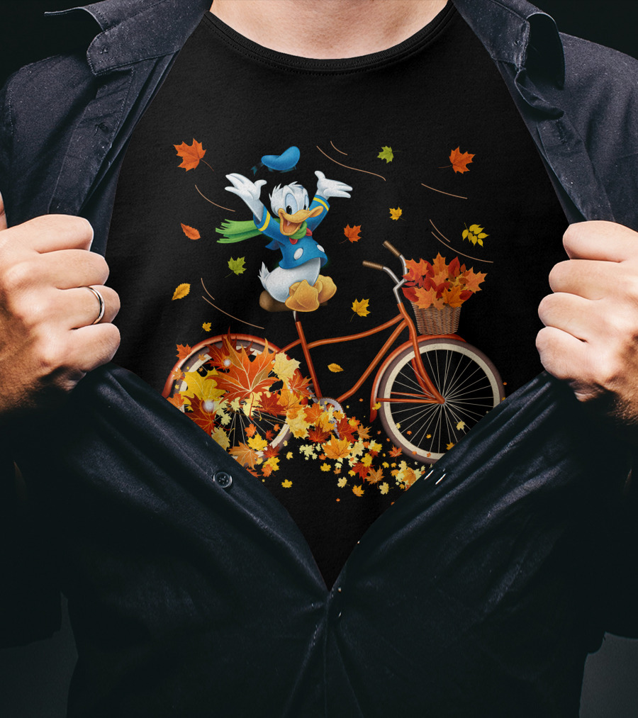 Donald Duck Autumn Bicycle Adventure With Falling Leaves T-Shirt