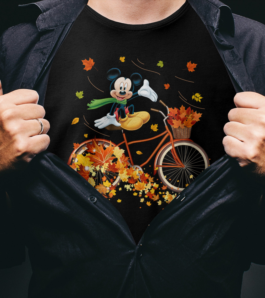 Mickey Mouse Autumn Leaves Bicycle Ride With Basket T-Shirt