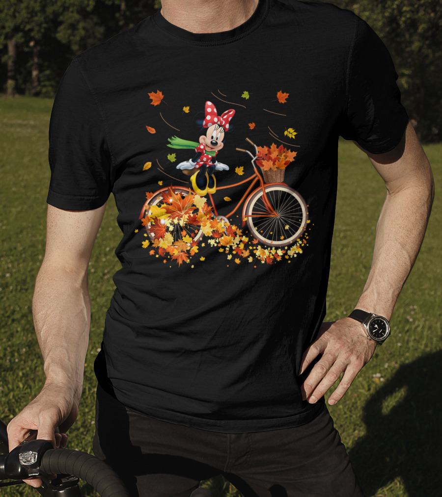 Minnie Mouse Autumn Bicycle Ride With Falling Leaves T-Shirt
