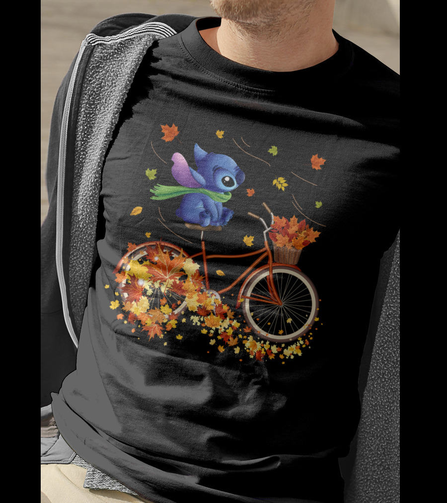 Stitch Autumn Bicycle Ride With Falling Leaves T-Shirt