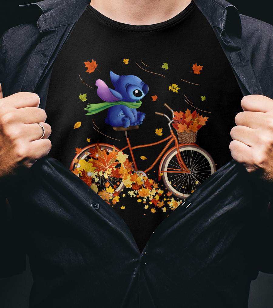 Stitch Autumn Bicycle Ride With Falling Leaves T-Shirt