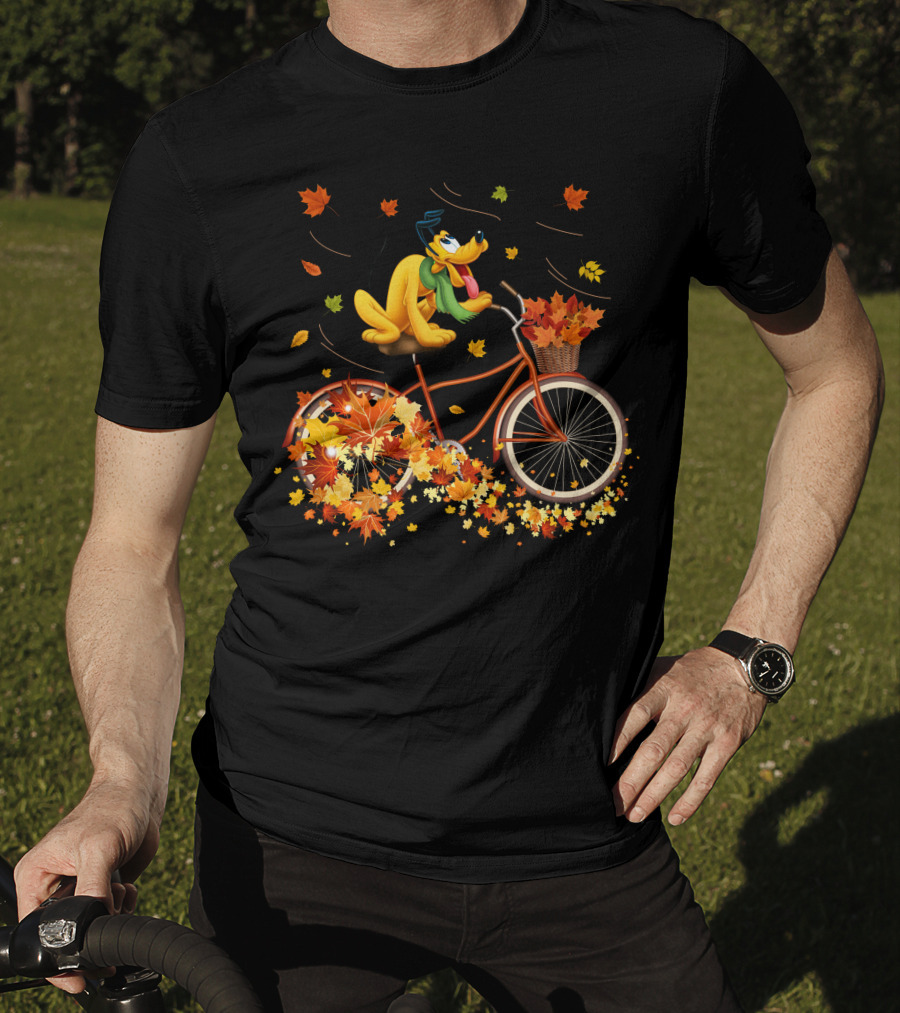 Pluto Autumn Bicycle Adventure With Falling Leaves T-Shirt