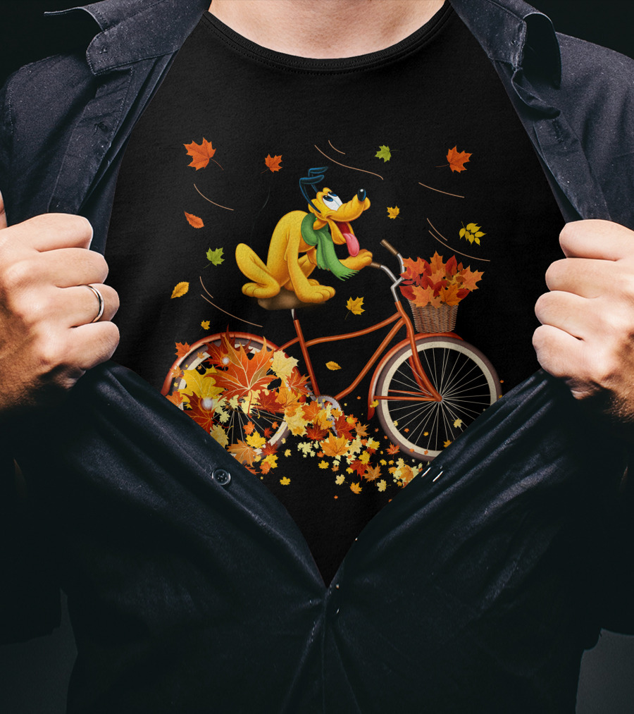 Pluto Autumn Bicycle Adventure With Falling Leaves T-Shirt