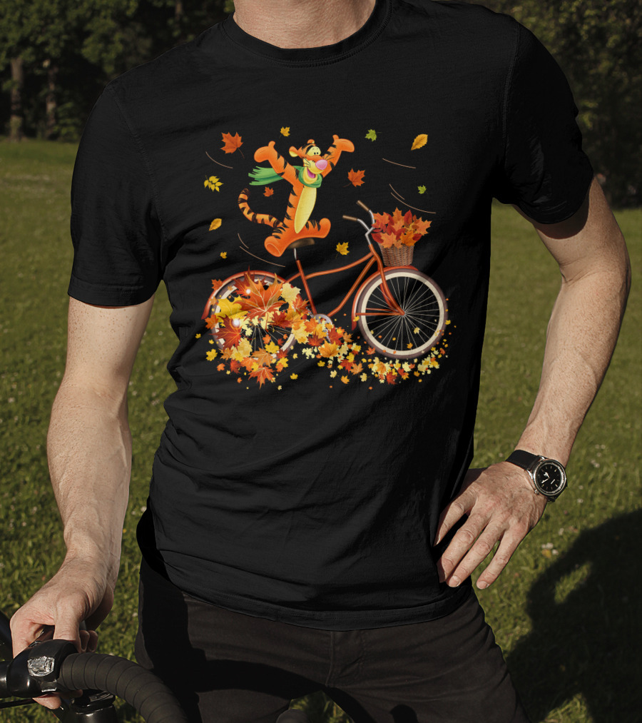 Tigger Autumn Bicycle Adventure With Falling Leaves T-Shirt