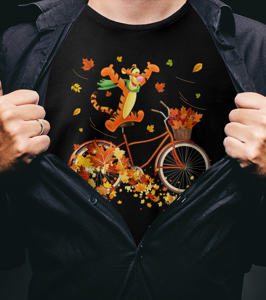 Tigger Autumn Bicycle Adventure With Falling Leaves T-Shirt