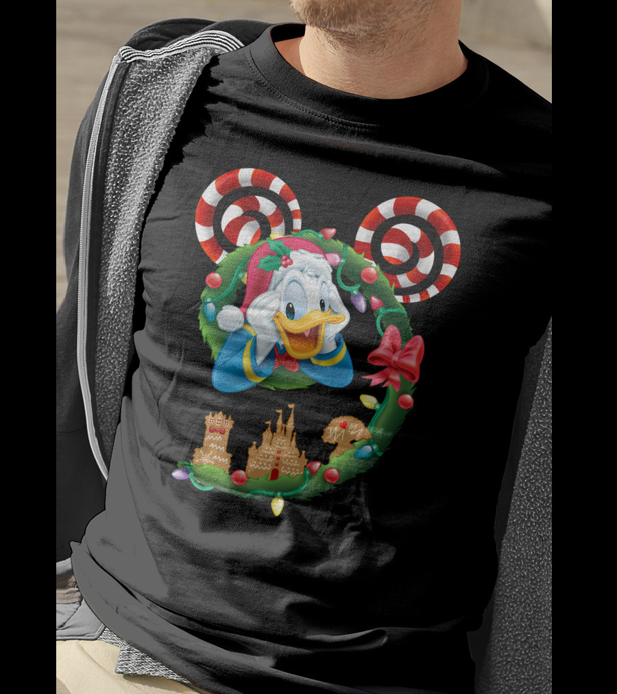 Donald Duck Christmas Wreath With Candy Cane Mickey Ears And Gingerbread Castle T-Shirt