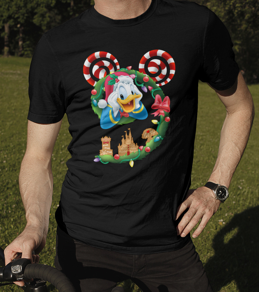 Donald Duck Christmas Wreath With Candy Cane Mickey Ears And Gingerbread Castle T-Shirt