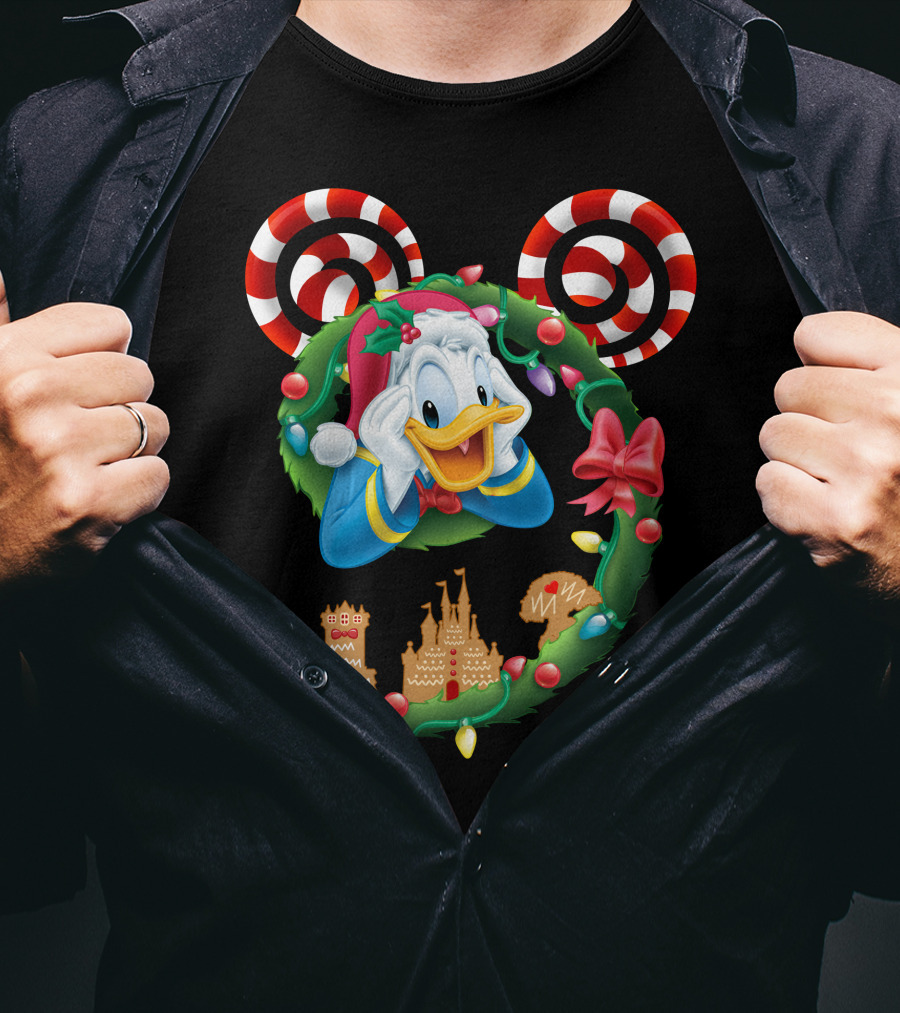 Donald Duck Christmas Wreath With Candy Cane Mickey Ears And Gingerbread Castle T-Shirt