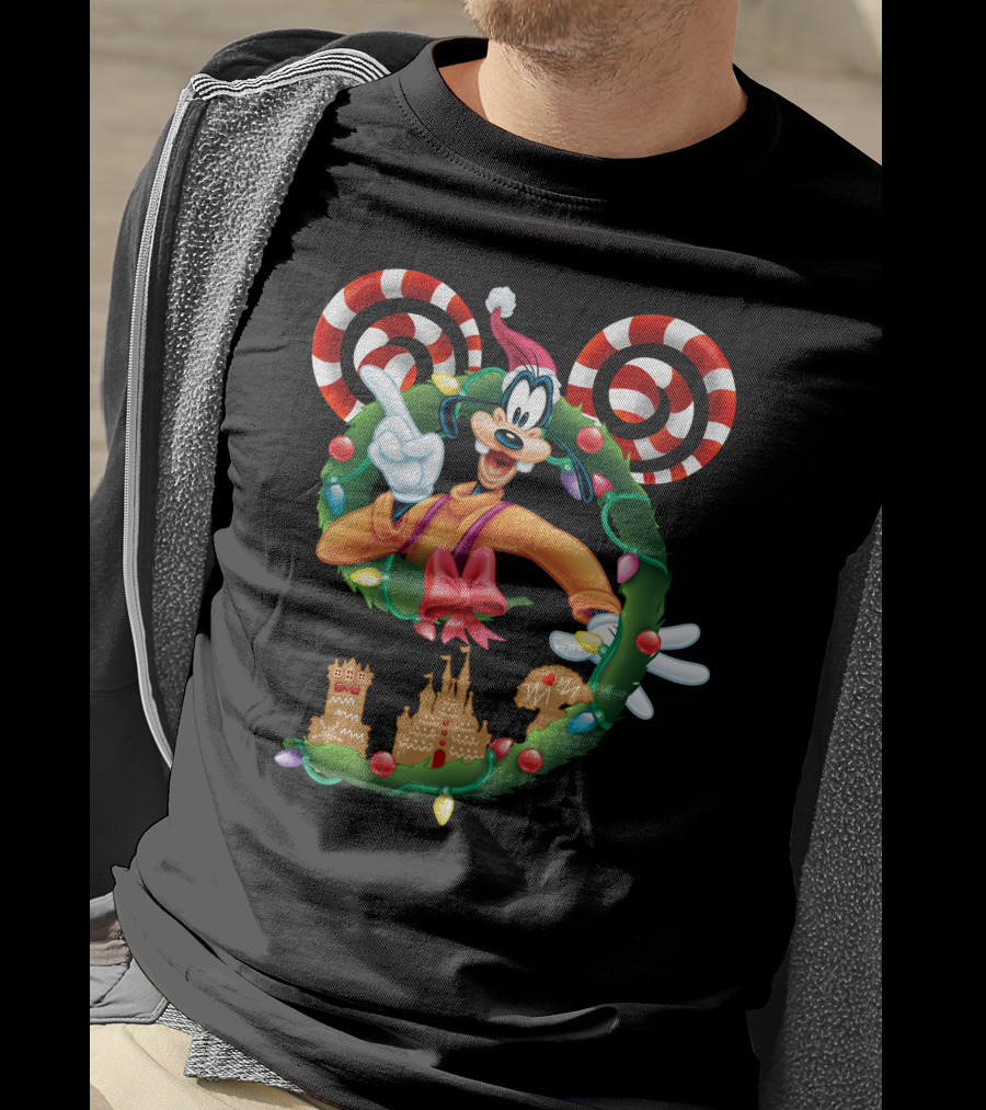 Goofy Christmas Wreath With Candy Canes And Gingerbread Castles T-Shirt