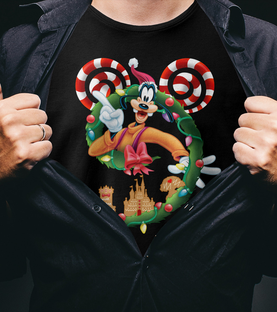 Goofy Christmas Wreath With Candy Canes And Gingerbread Castles T-Shirt
