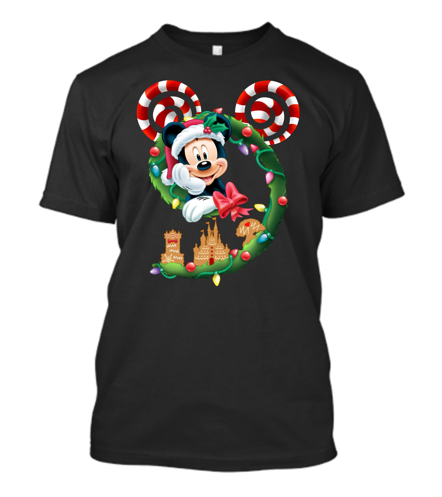 Mickey Mouse Christmas Holiday Wreath Candy Cane Ear Gingerbread House T-Shirt
