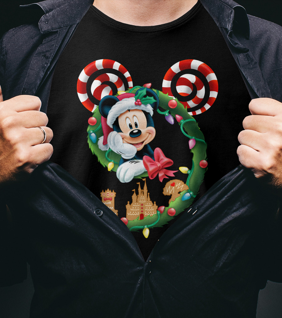 Mickey Mouse Christmas Holiday Wreath Candy Cane Ear Gingerbread House T-Shirt
