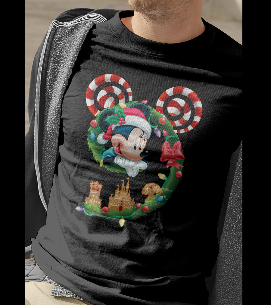 Minnie Mouse Christmas Wreath Candy Cane Ears Holiday Castle Lights T-Shirt