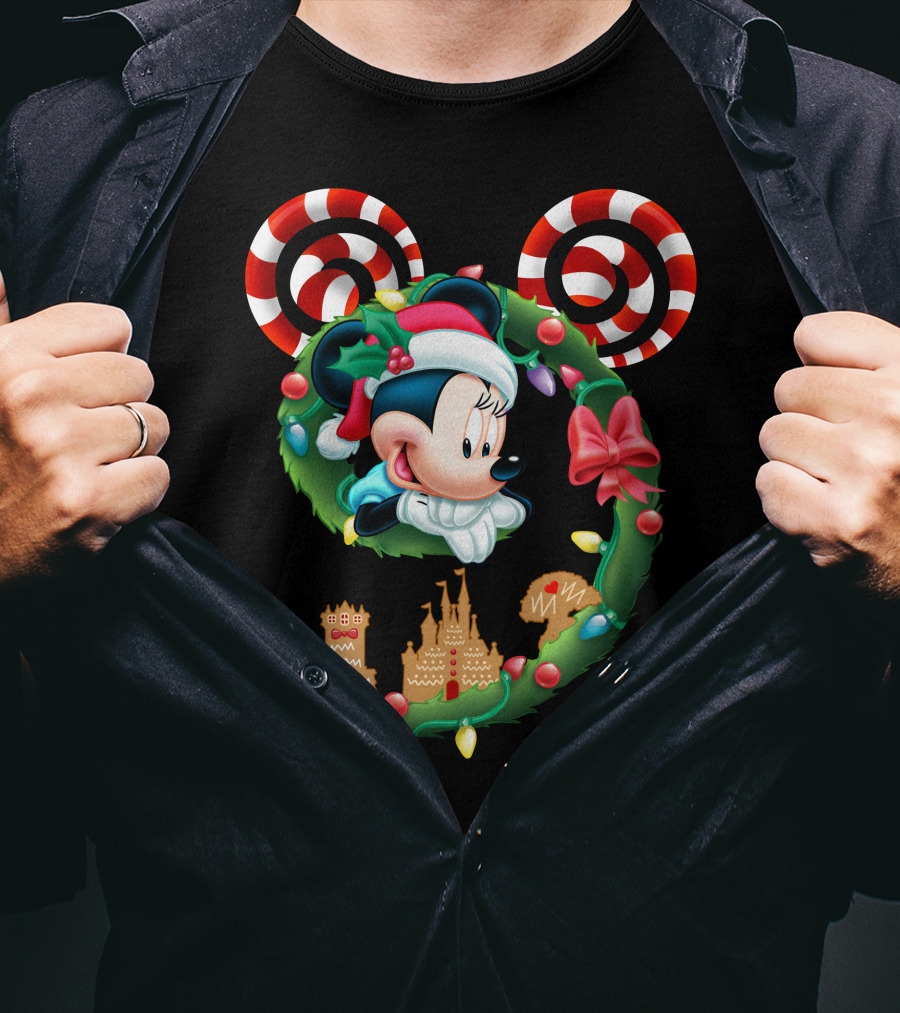 Minnie Mouse Christmas Wreath Candy Cane Ears Holiday Castle Lights T-Shirt