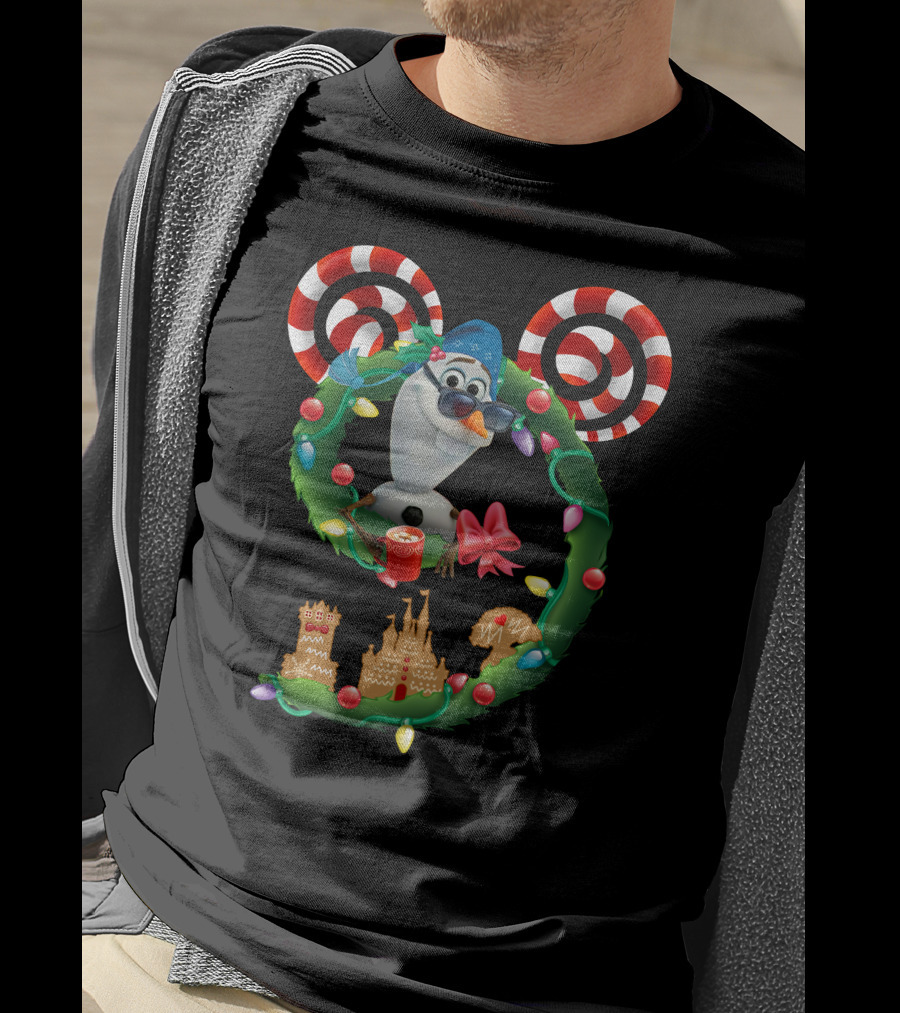 Olaf Holiday Wreath With Candy Cane Ears And Gingerbread Castles T-Shirt