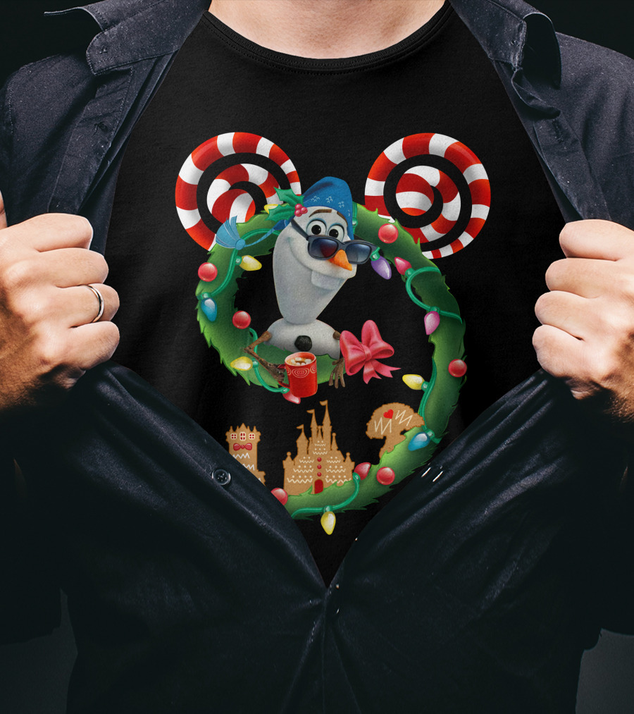 Olaf Holiday Wreath With Candy Cane Ears And Gingerbread Castles T-Shirt