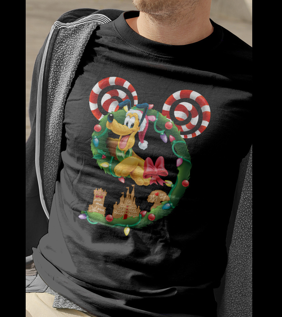Pluto Holiday Wreath With Candy Canes And Gingerbread Castle T-Shirt