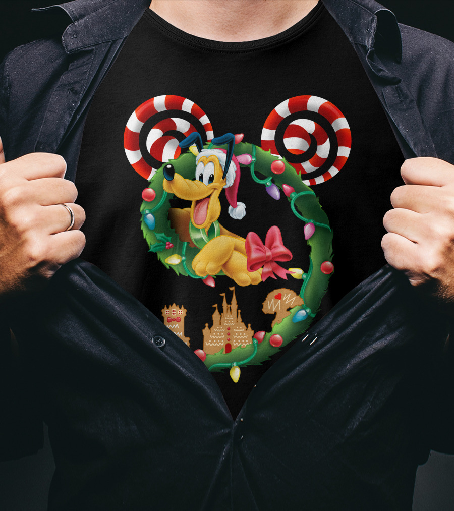 Pluto Holiday Wreath With Candy Canes And Gingerbread Castle T-Shirt
