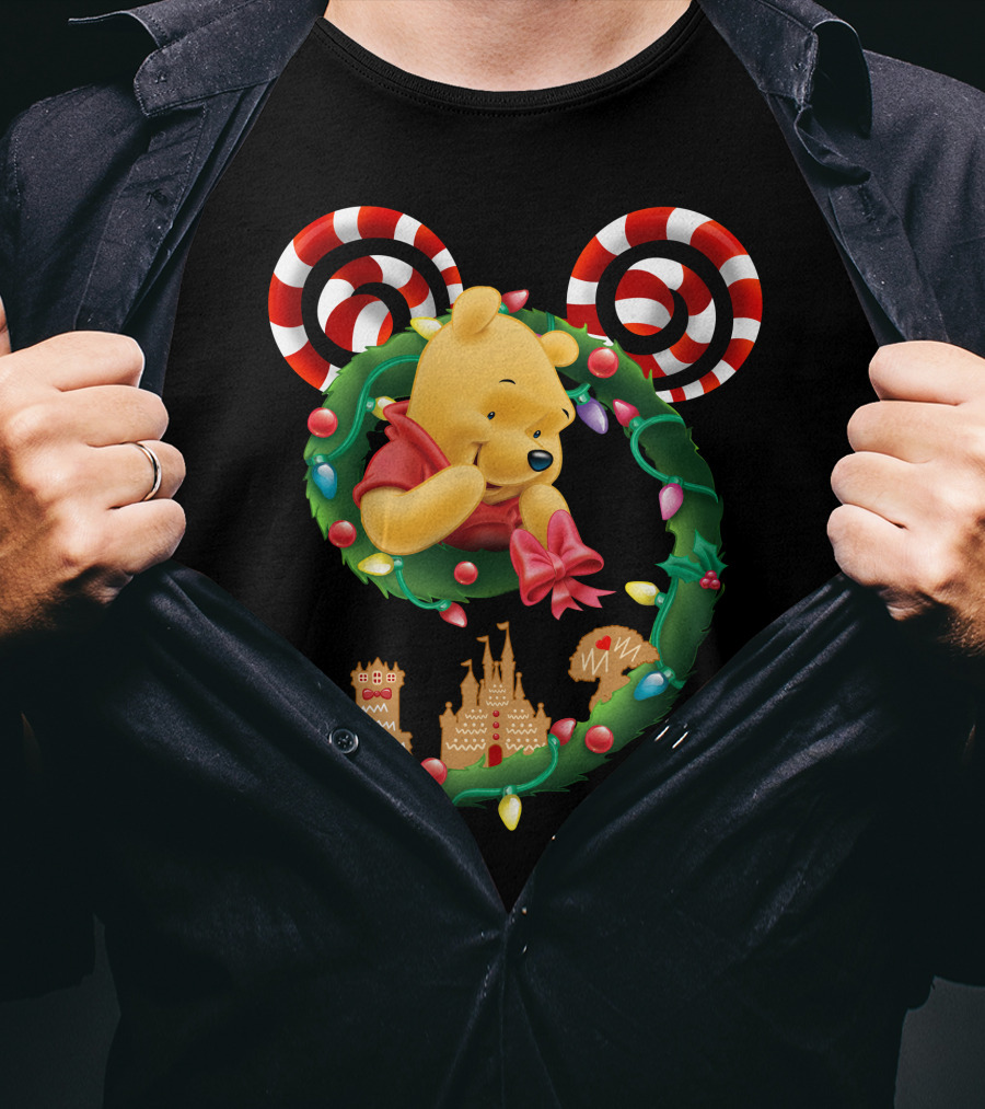 Winnie Pooh Christmas Wreath With Candy Canes And Holiday Castle Cookies T-Shirt