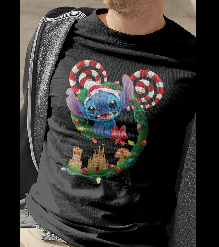 Stitch Christmas Wreath With Candy Canes And Gingerbread Castle T-Shirt