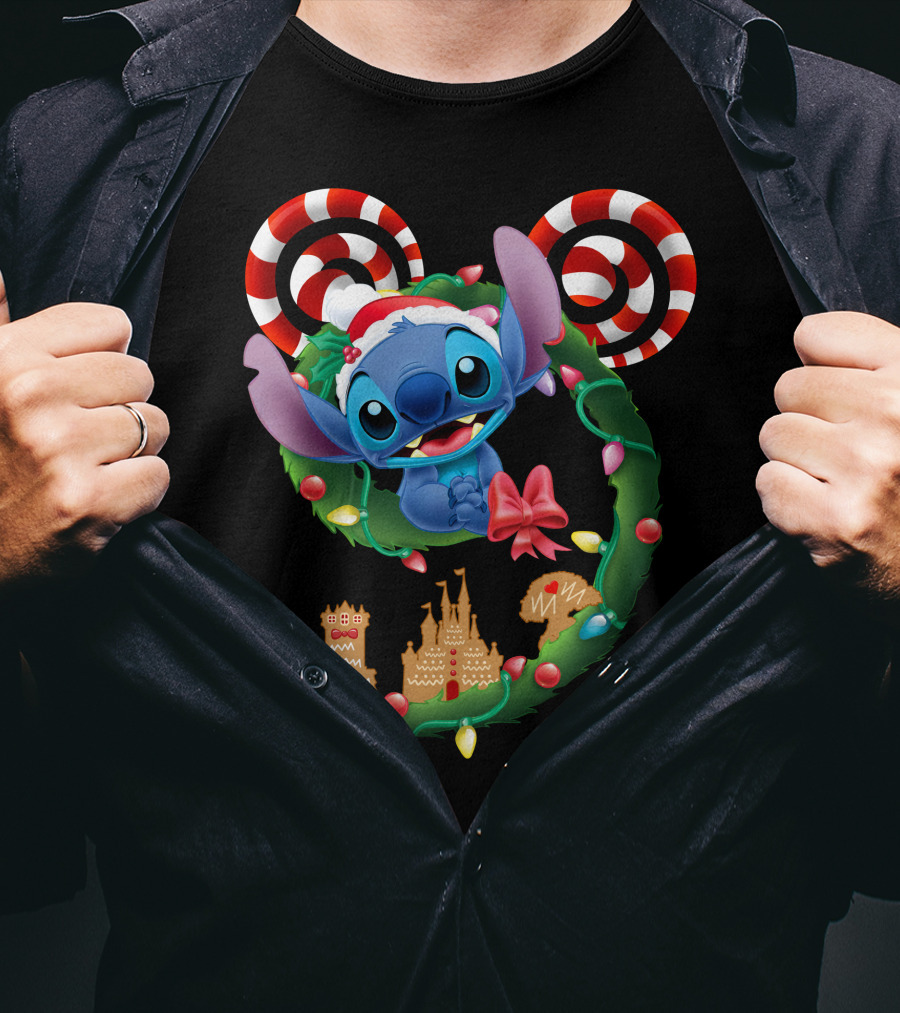 Stitch Christmas Wreath With Candy Canes And Gingerbread Castle T-Shirt