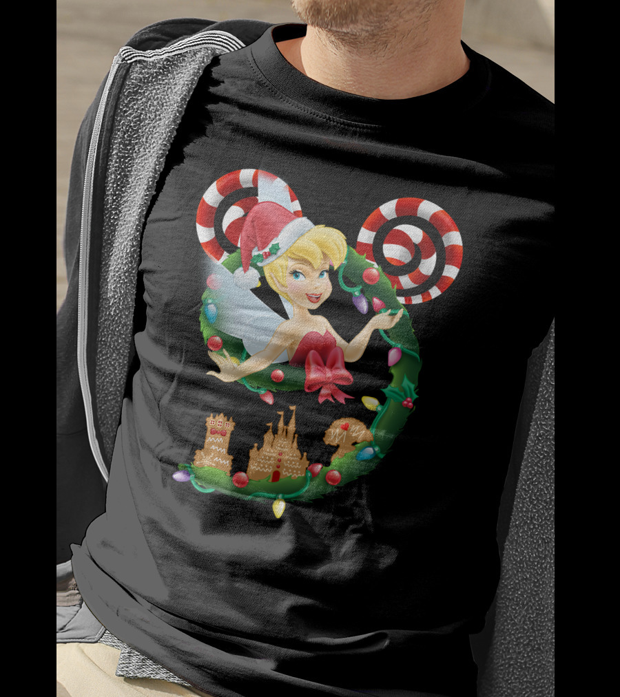 Tinkerbell Christmas Mickey Wreath With Candy Canes And Castle T-Shirt