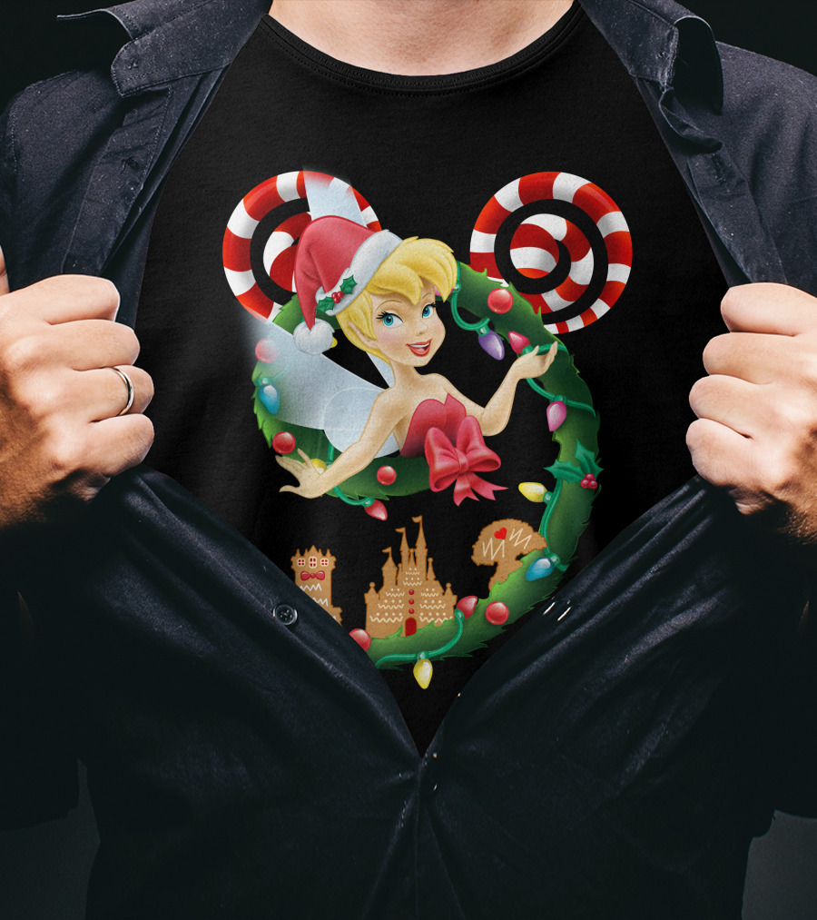 Tinkerbell Christmas Mickey Wreath With Candy Canes And Castle T-Shirt