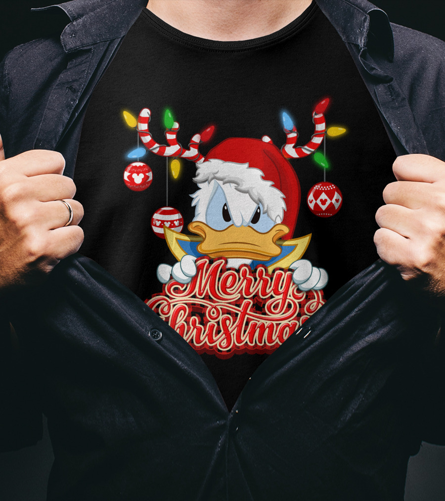 Merry Christmas Donald Wearing Santa Hat And Reindeer Antlers T-Shirt