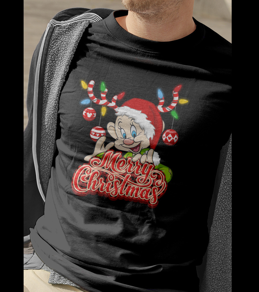 Merry Christmas Dopey Reindeer Antlers And Santa Hat With Christmas Ornaments T-Shirt