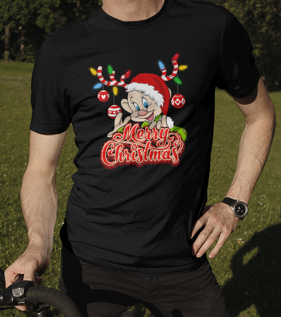 Merry Christmas Dopey Reindeer Antlers And Santa Hat With Christmas Ornaments T-Shirt