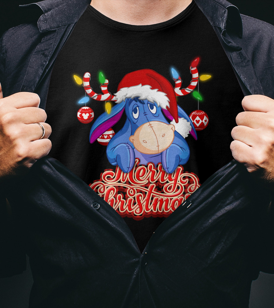 Eeyore Merry Christmas Santa Hat Reindeer Lights T-Shirt