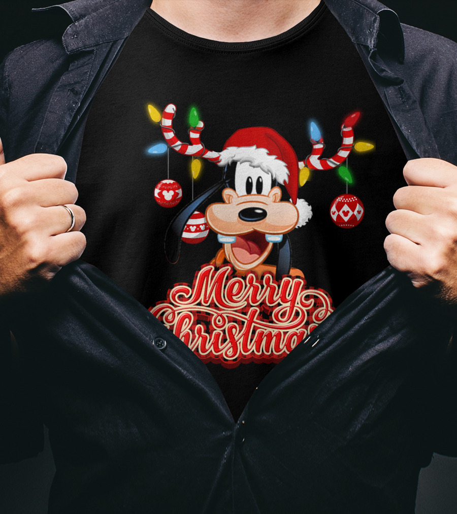Merry Christmas Goofy Santa Hat Lights Antlers T-Shirt