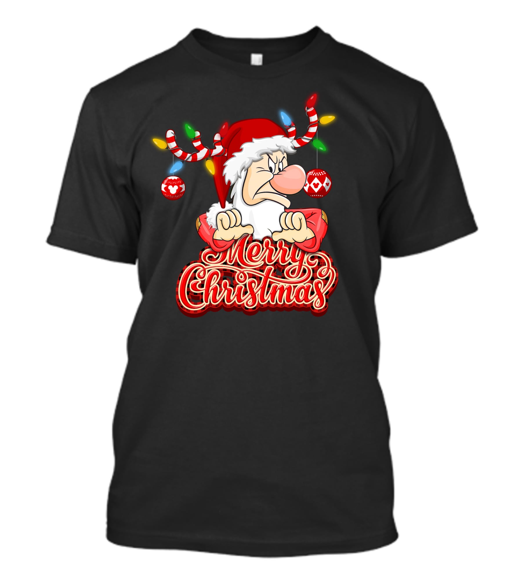 Grumpy Merry Christmas Santa With Reindeer Antlers And Festive Ornaments T-Shirt