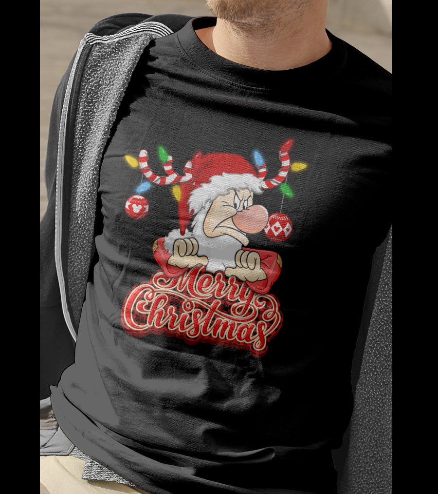 Grumpy Merry Christmas Santa With Reindeer Antlers And Festive Ornaments T-Shirt
