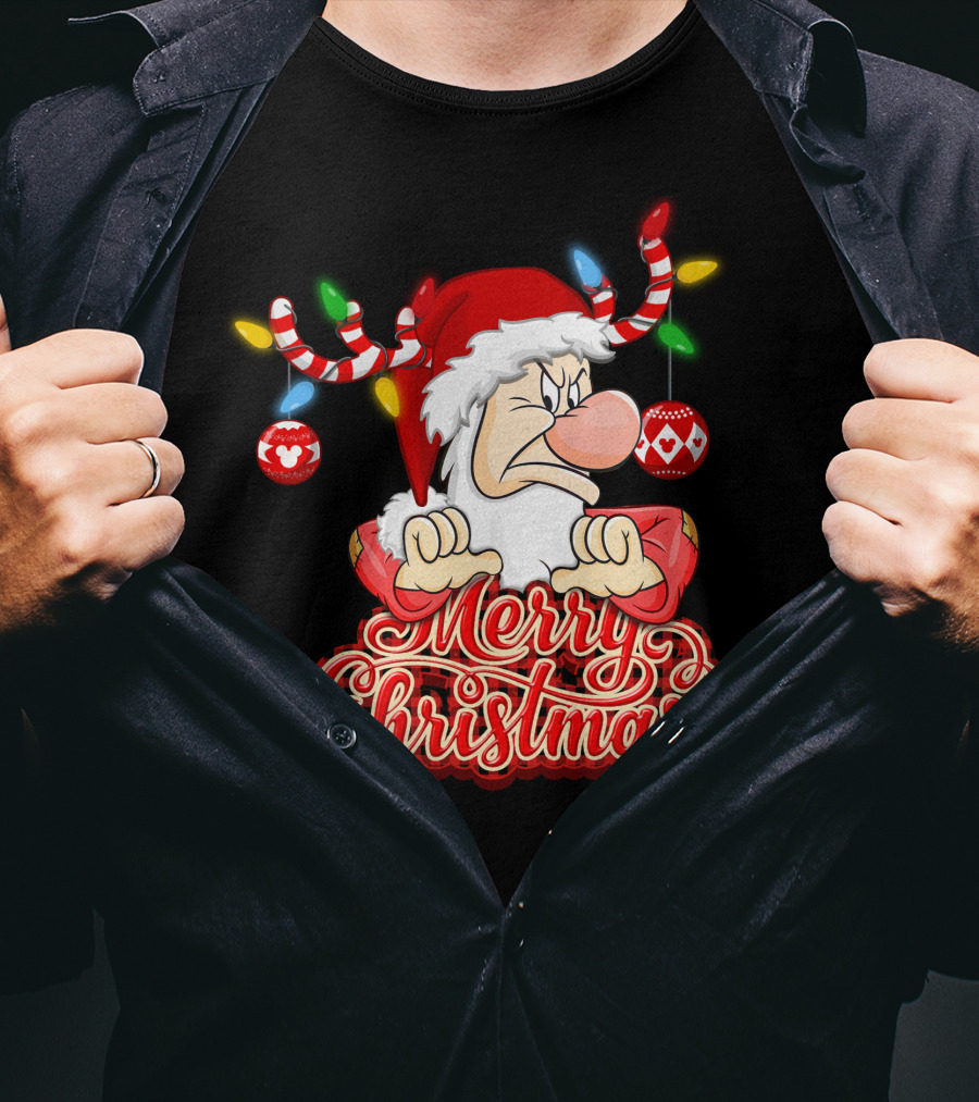 Grumpy Merry Christmas Santa With Reindeer Antlers And Festive Ornaments T-Shirt
