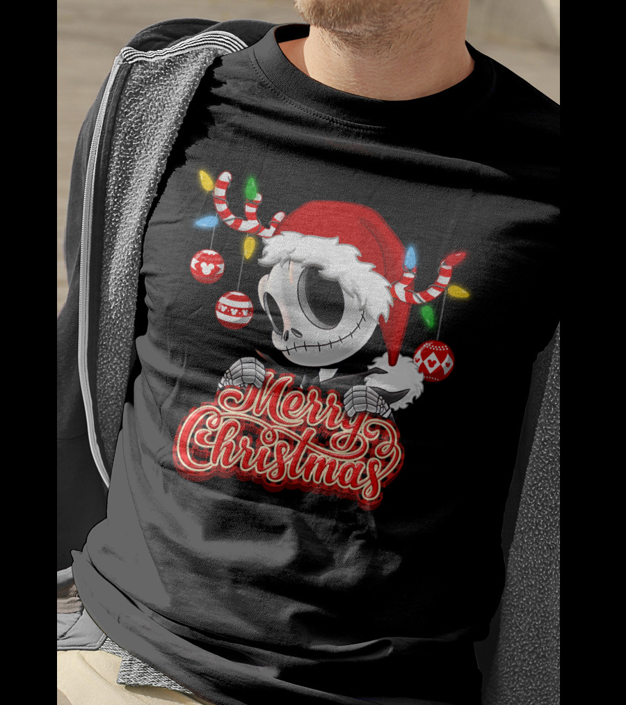 Merry Christmas Santa Jack Skellington With Candy Cane Lights And Ornaments T-Shirt