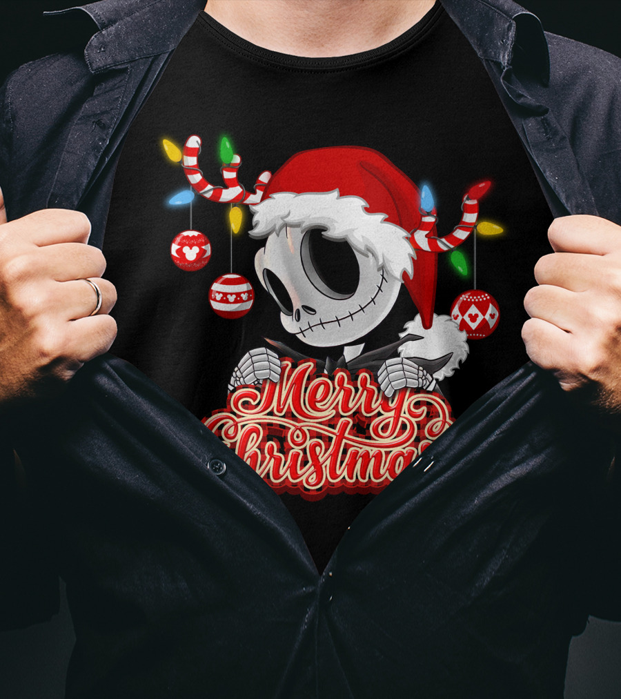 Merry Christmas Santa Jack Skellington With Candy Cane Lights And Ornaments T-Shirt