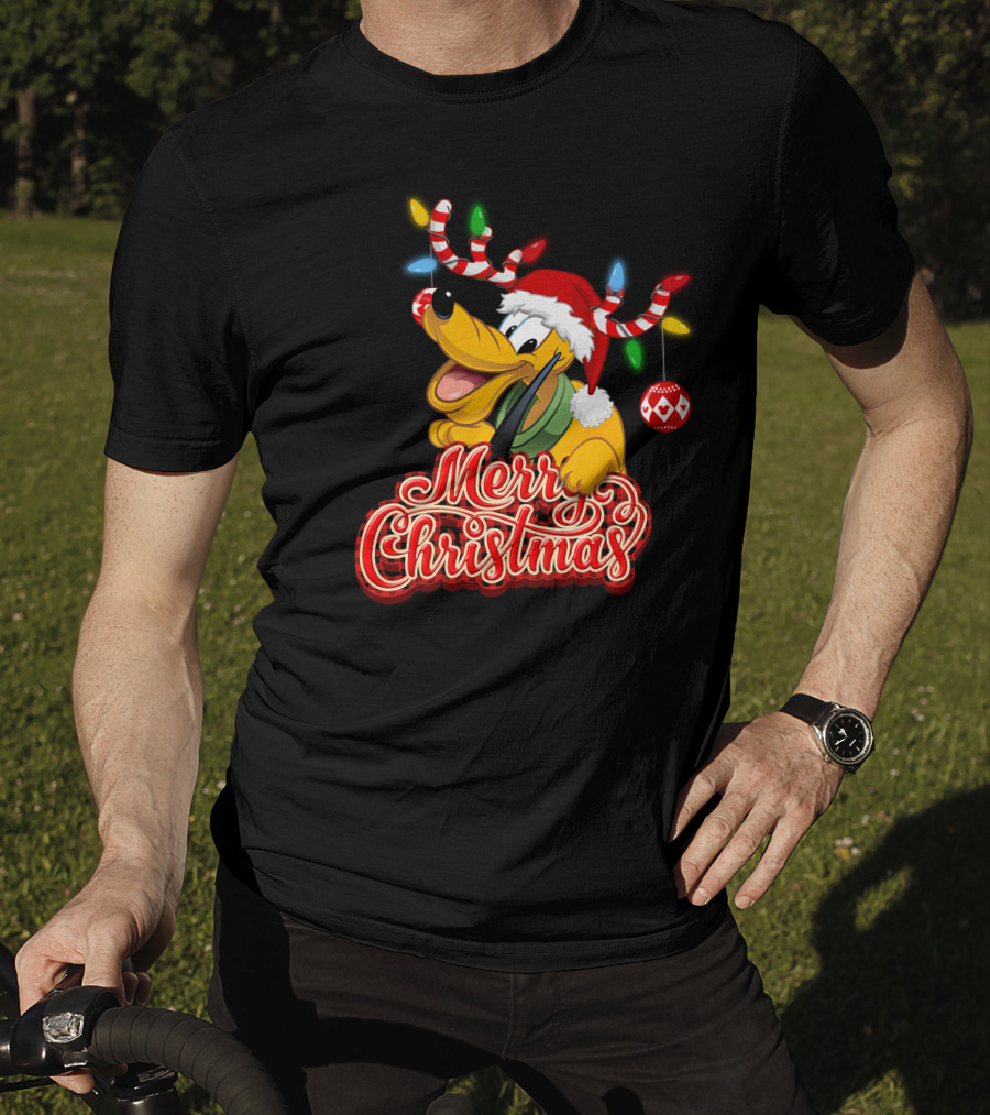 Merry Christmas Pluto Holiday Antlers And Santa Hat T-Shirt