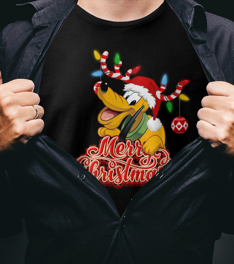 Merry Christmas Pluto Holiday Antlers And Santa Hat T-Shirt