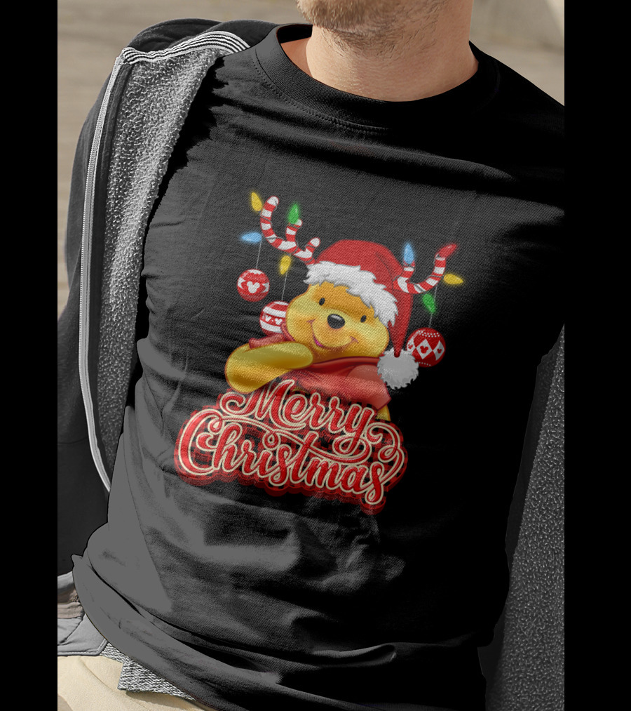 Merry Christmas Pooh Santa Hat Festive Lights Antlers T-Shirt